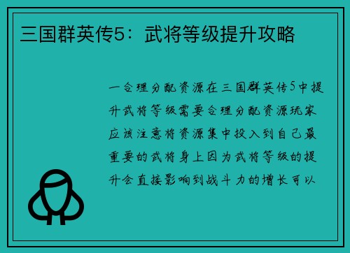 三国群英传5：武将等级提升攻略